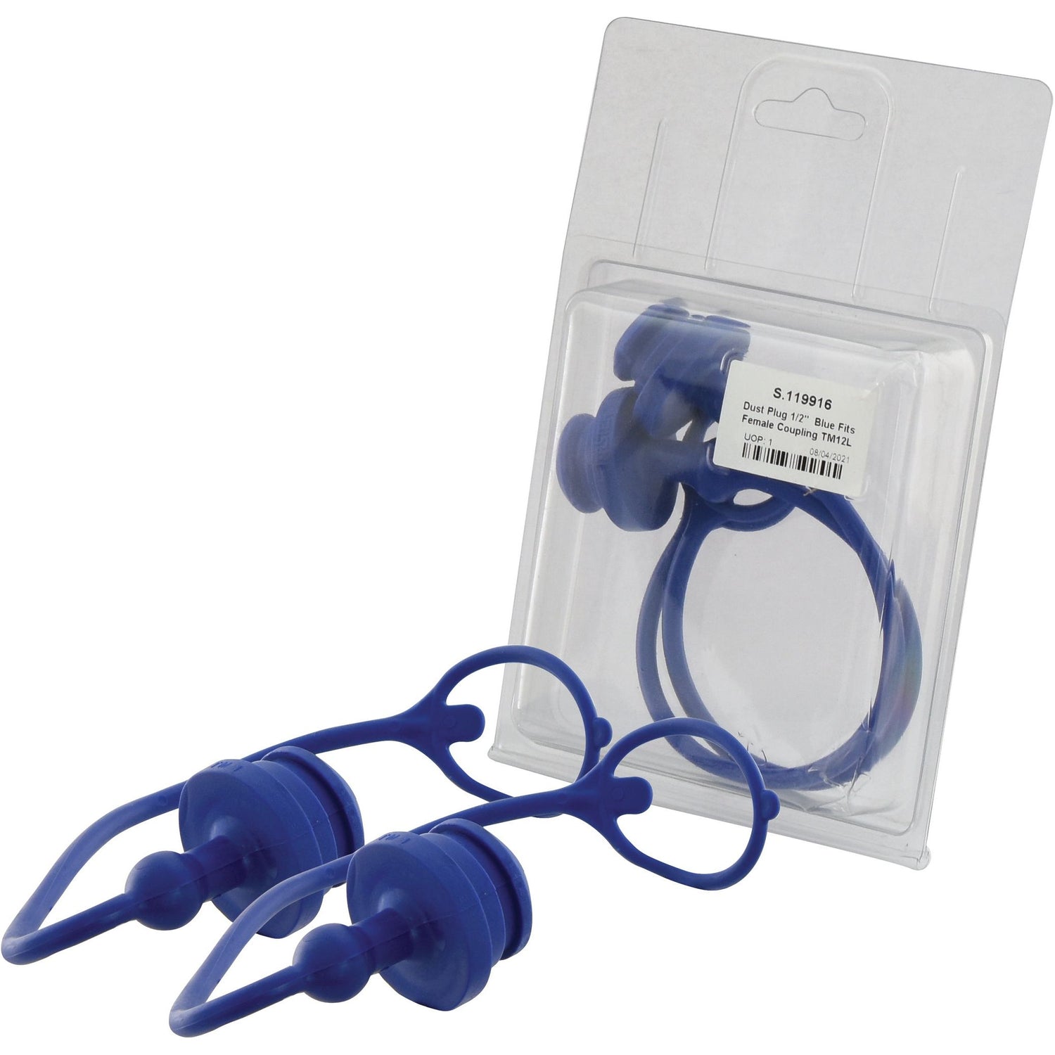 Blue PVC earplugs for swimming, named Faster Dust Plug and designed to fit a 1/2'' Female Coupling, are presented with a connecting cord. The set, part of Sparex's TM Series TM12L (Agripak 2 pcs.), ensures a secure fit.