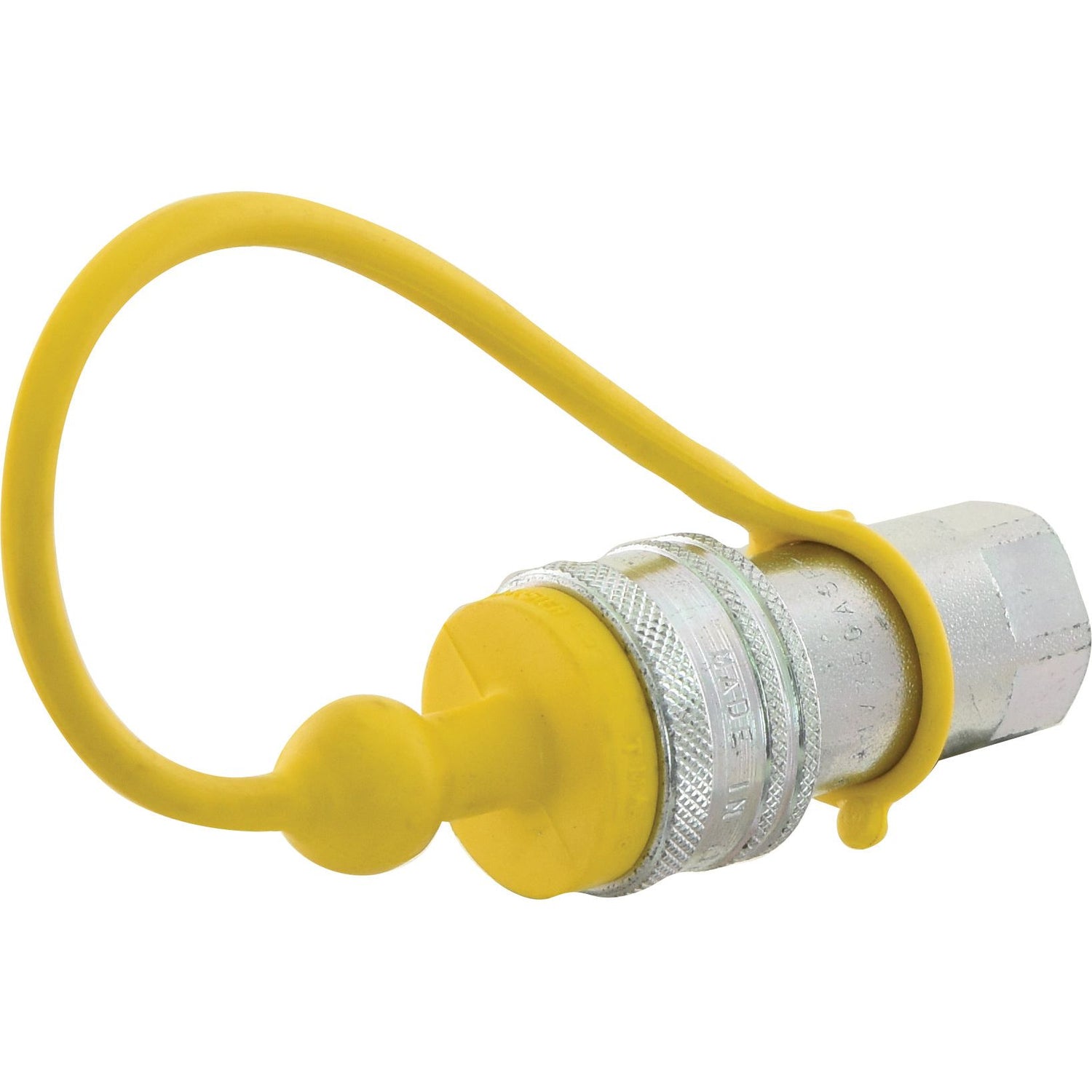 Introducing the Sparex Faster Dust Plug Yellow PVC, designed to fit 3/8" female couplings in the TMA Series (TMA38 - S.112788). This product features a yellow protective cap and loop, ensuring secure and reliable connections for hydraulic lines. The durable PVC construction is ideal for demanding applications, providing fast and efficient operation.