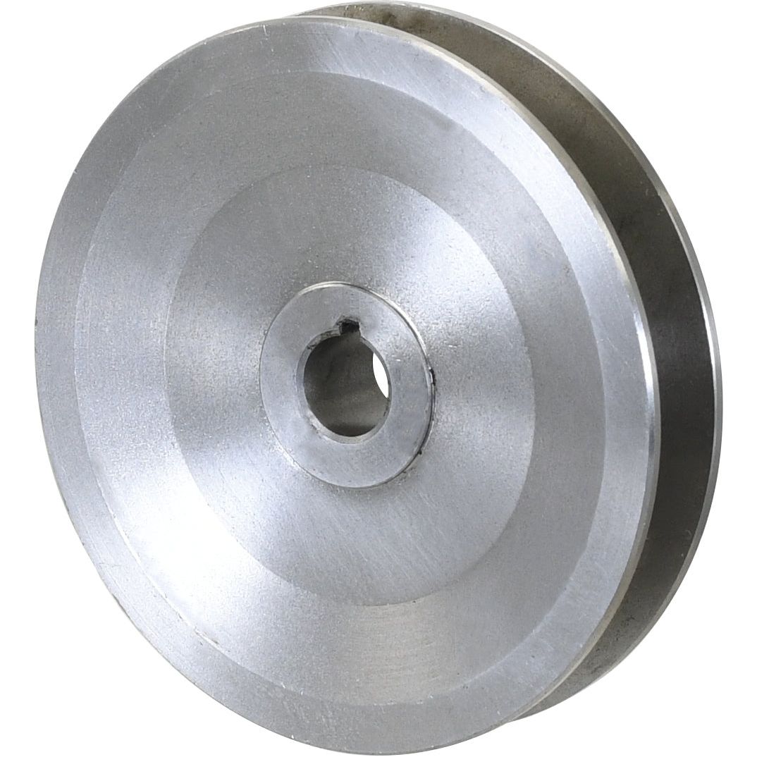The Dynamo Pulley by Sparex (Part No. S.41158) is a silver metal pulley featuring a central hole for easy attachment to a shaft, with a smooth circular surface and a groove around its circumference.