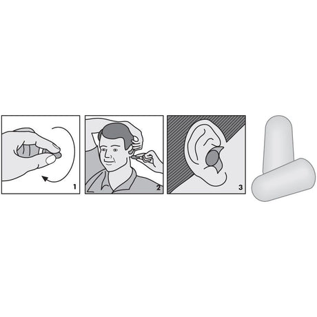 Step-by-step instructions for inserting Sparex Ear Plugs (Disposable), 5 pairs, Part No.S.3172: compress earplug (1), pull ear upward and insert earplug (2), earplug fully inserted into ear (3); image of two foam earplugs on the right.