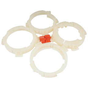 Four white plastic rings are arranged in a diamond shape around a small red connector piece, resembling the EASYLOCK BEARING PACK - X-LAR by Sparex (Sparex Part No. S.20538).