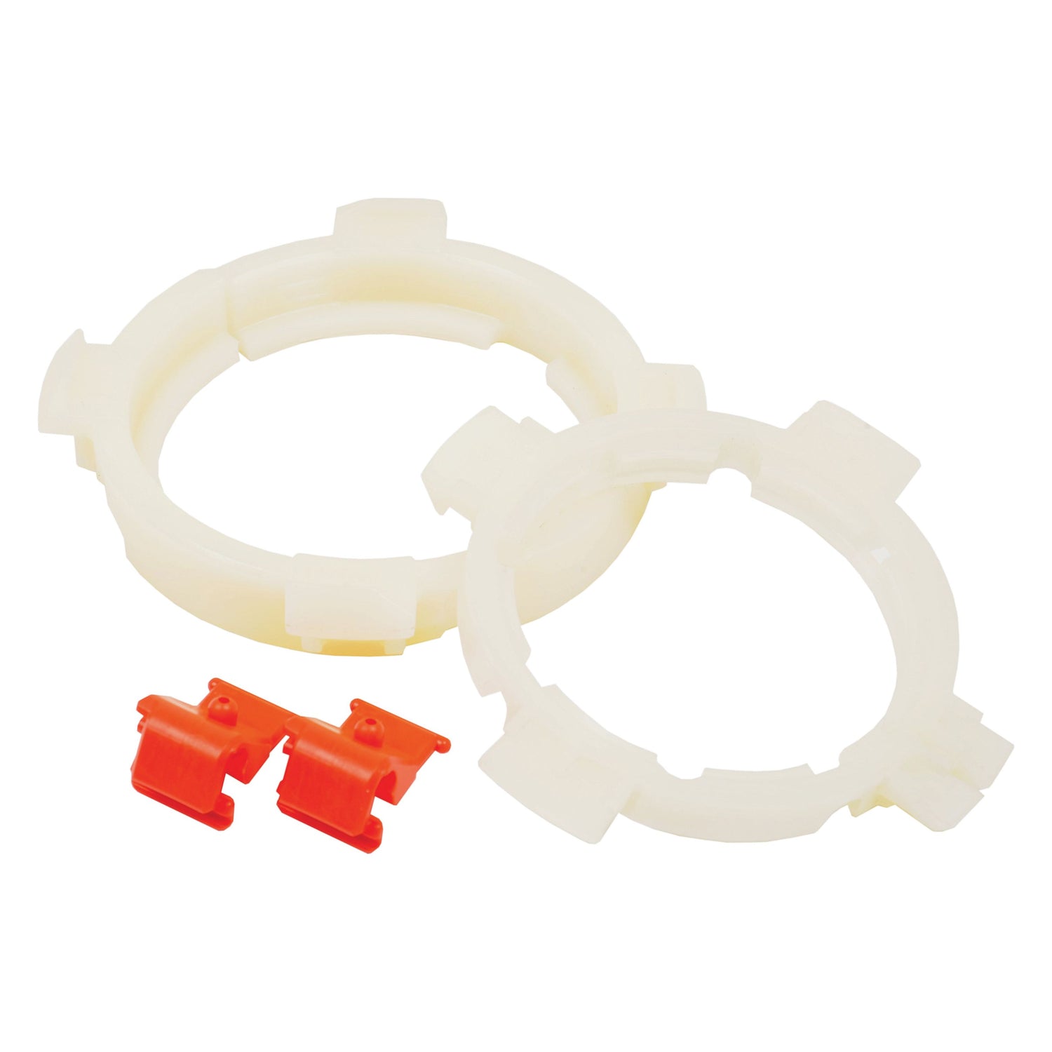 Two white plastic EASYLOCK B/RINGS WEASLER A8W/A and two red plastic clamps are placed on a white background, demonstrating the practical simplicity of Sparex's PTO EasyLock Bearing Rings (Sparex Part No.S.26362).