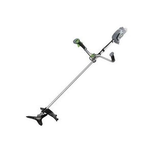 Image of the EGO BC3800E Cordless Rear Motor Brush Cutter 38cm (Model: EGBC3800E) with a long metallic shaft, featuring a line trimmer head and a cutting blade at one end. The handle has a circular grip with a trigger for easy operation.