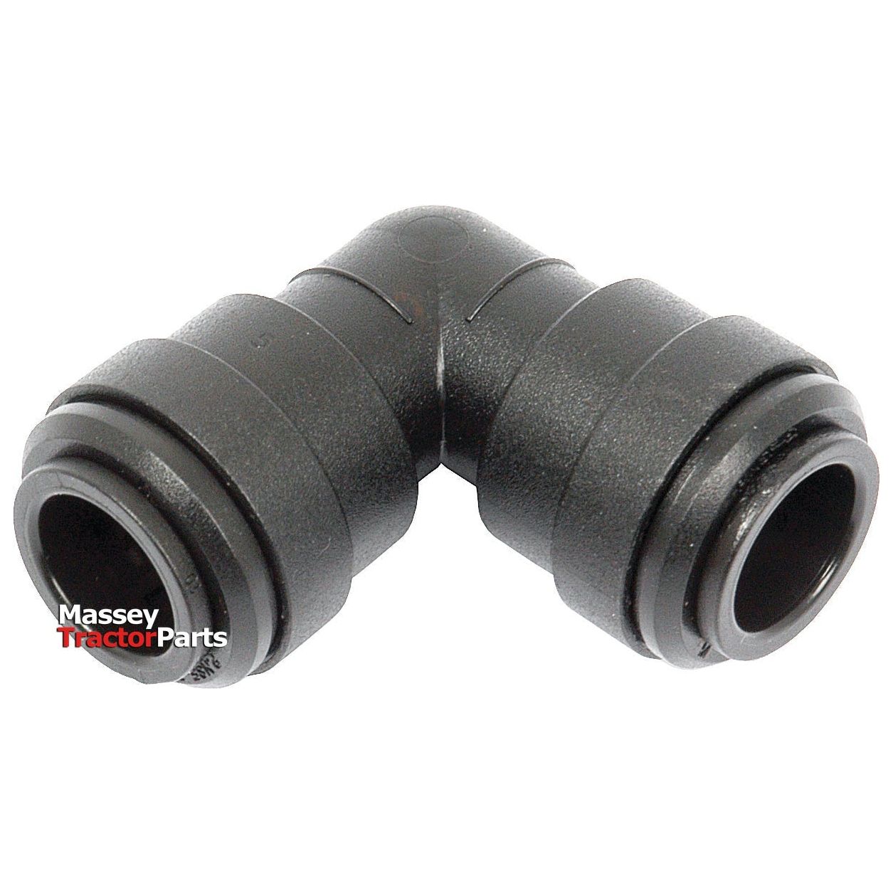The Elbow Connector 12mm - S.12612 by Sparex is a black plastic fitting featuring the "Massey Tractor Parts" logo, designed to connect two pipes at a right angle. It offers a 12mm outer diameter, operates in temperatures ranging from -25°C to 75°C, and accommodates pressures between 0 and 10 bar.