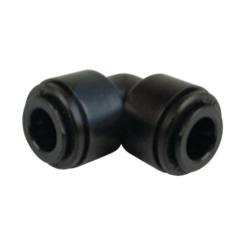 The ELBOW CONNECTOR 8MM - S.12608 by Sparex is an elbow-shaped black plastic plumbing fitting with two open ends, designed for pipes with an 8mm outer diameter. It can handle temperatures ranging from -25°C to 75°C and pressures between 0 and 10 bar.