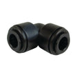 The ELBOW CONNECTOR 8MM - S.12608 by Sparex is an elbow-shaped black plastic plumbing fitting with two open ends, designed for pipes with an 8mm outer diameter. It can handle temperatures ranging from -25°C to 75°C and pressures between 0 and 10 bar.