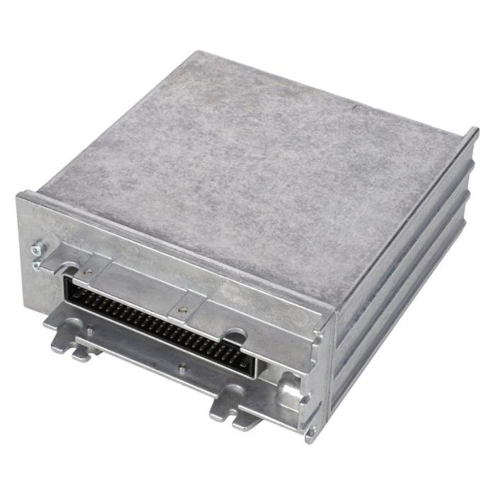 A metallic electronic device housing with a connector slot on one side, specifically the Massey Ferguson - ELECTRONICS BOX - G701970070032 by AGCO, possibly used in Massey Ferguson machines like the MF 7465 T3 SISU or MF 8690.