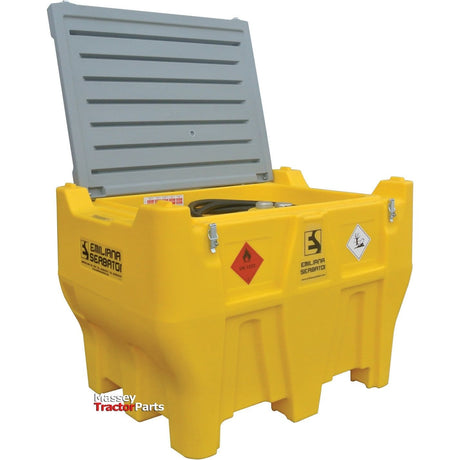 A yellow Carrytank Pickup - 440L Diesel storage container with a hinged lid open, displaying internal components, including an Electric Pump 12V DC. The container is marked with flammability warning symbols and labeled "Sparex," featuring UV protection for extended durability.