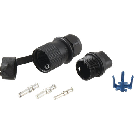 A product image of the Sparex 3 Pin Auxiliary Plug (Male), Plastic (Agripak) – Sparex Part No. S.118158, featuring a black plastic connector kit with a threaded cap, a removable locking ring, three metallic pins, and a blue plastic tool, all laid out on a white background.