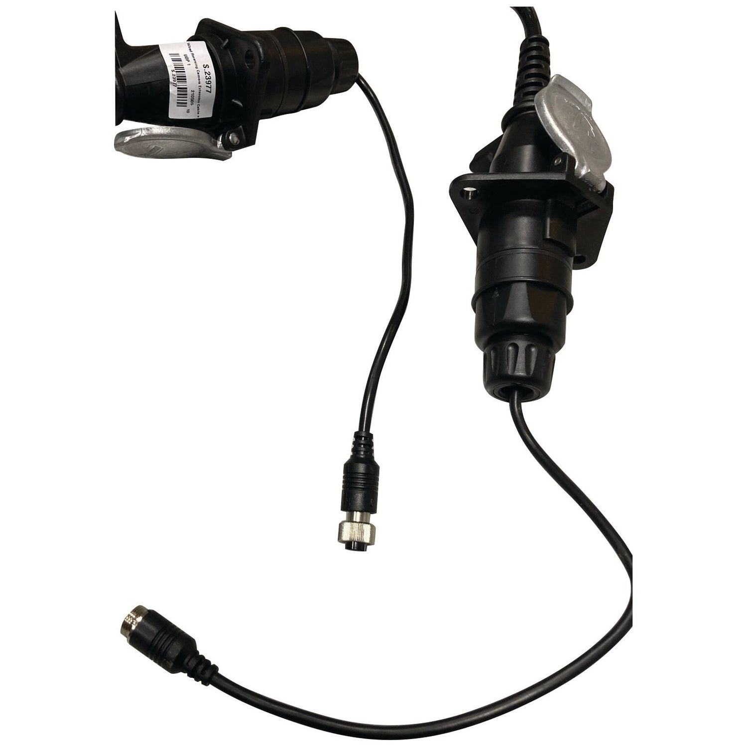 Close-up of the Wired Vehicle Camera Extension Cable and Coupling, Sparex Part No. S.23977, featuring black electrical connectors with attached coiled and straight cords as well as a flexible 3500mm extension cable, used for power or data transfer.