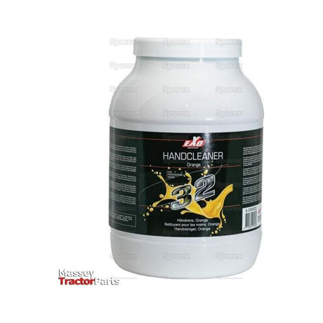A white container labeled "EXO 32 Hand Cleaner - Orange - Tub 3 ltr(s) - S.155521," featuring a black and orange design, is a solvent-free hand cleaning gel ideal for garages and workshops, available from Massey Tractor Parts under the Sparex brand.