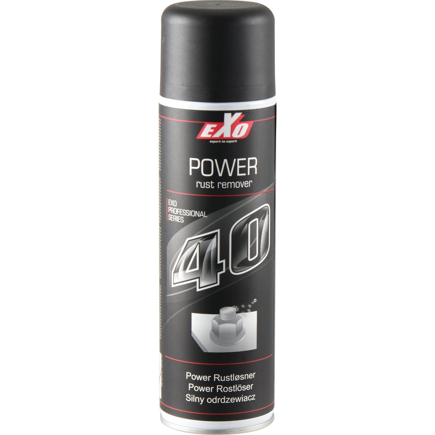 A black and silver can of Sparex EXO 40 Power Rust Remover - S.81270, featuring an image of a rusted bolt being treated. Now includes PTFE lubricant for enhanced performance.