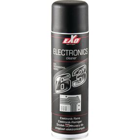 A can of **EXO 63 Electronics Cleaner - S.81240** by **Sparex**, designed for cleaning electronic devices and ensuring optimal contact. The can features a black and red color scheme with a diagram of a circuit board, making it ideal for removing solidified switch grease.