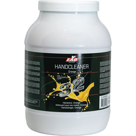 Large white container with a black label displaying "EXO 32 Hand Cleaner - Orange" by Sparex, and the number S.155521. The solvent-free hand cleaning gel is perfect for garages and workshops, and the label includes text in multiple languages.