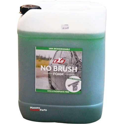 A large 20-liter container of Sparex EXO No Brush Foam, ideal for vehicle rinsing, labeled as 100% biodegradable and free from NTA and phosphates, with a black lid.