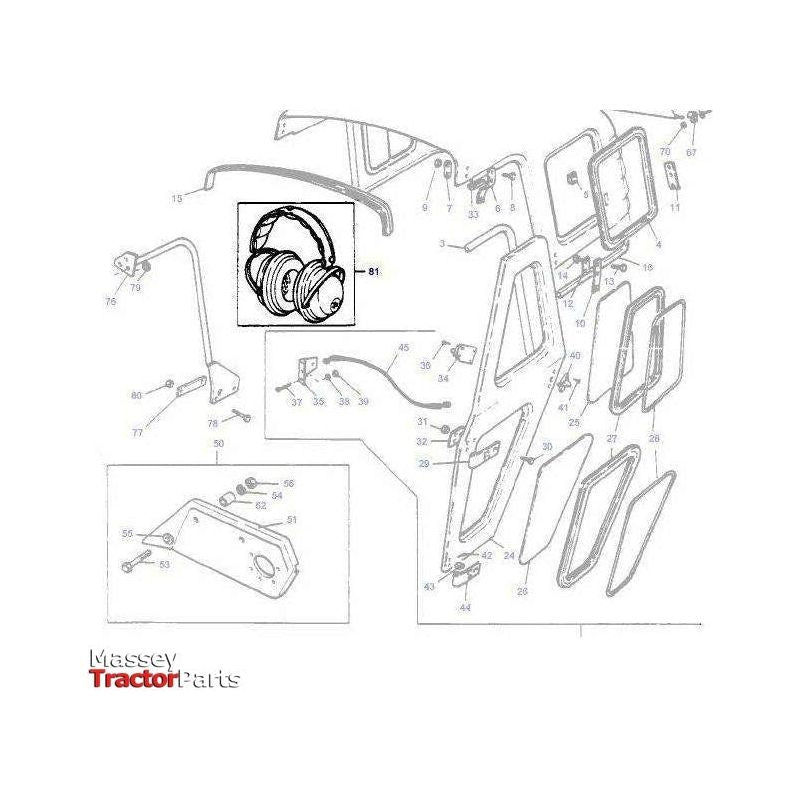 Diagram illustrating various parts of a tractor with labeled numbers. Central focus is on section 81, which features a pair of Massey Ferguson Ear Defenders (part number 1872018M91) from AGCO. The bottom left corner displays the logo "Massey Tractor Parts.