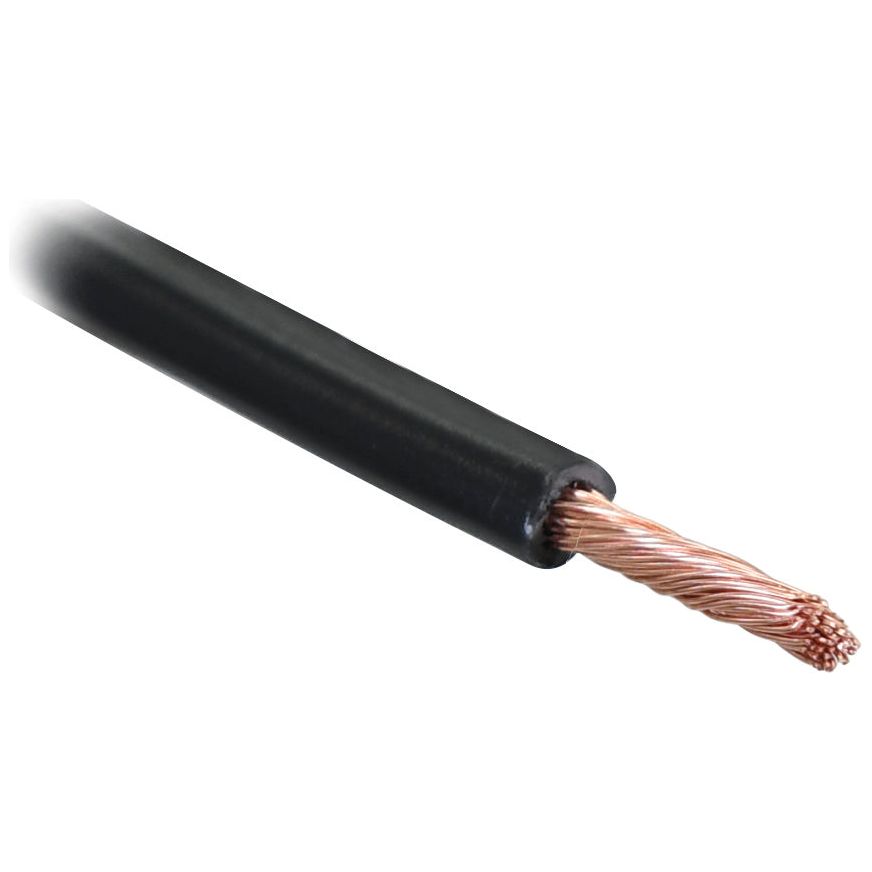 Close-up of the Sparex Electrical Cable - 1 Core, 10mm² Cable, Black (Length: 50M) | Sparex Part No. S.139741 with its black insulation partially removed, revealing twisted copper strands.