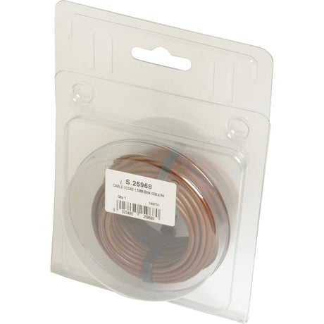 A 10-meter coiled electrical cable, 1.5mm² in diameter with a single core and brown color, packaged in a clear plastic clamshell labeled with detailed product information. Product: Electrical Cable - 1 Core, 1.5mm² Cable, Brown (Length: 10M), (Agripak) | Sparex Part No.S.25968 from the brand Sparex.