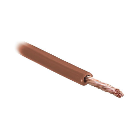 A close-up of the Sparex Electrical Cable - 1 Core, 1.5mm² Cable, Brown (Length: 50M) with exposed copper strands at one end.