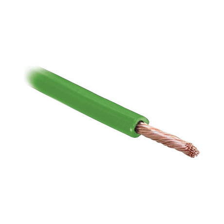 Close-up of a Sparex Electrical Cable - 1 Core, 1.5mm² Cable, Green (Length: 50M) with exposed copper strands at one end.
