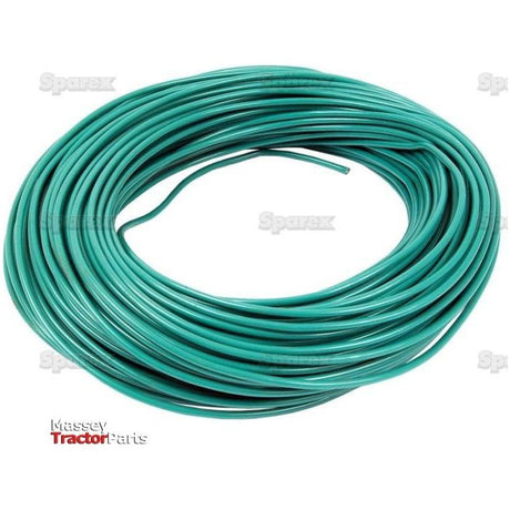 A coiled green 1-core, 1.5mm² electrical cable is shown against a white background. The text "Sparex" is faintly visible on both sides. The "Massey Tractor Parts" logo is displayed in the bottom left corner, resembling the Sparex Part No.S.5967, a 50M length of electrical cable.
