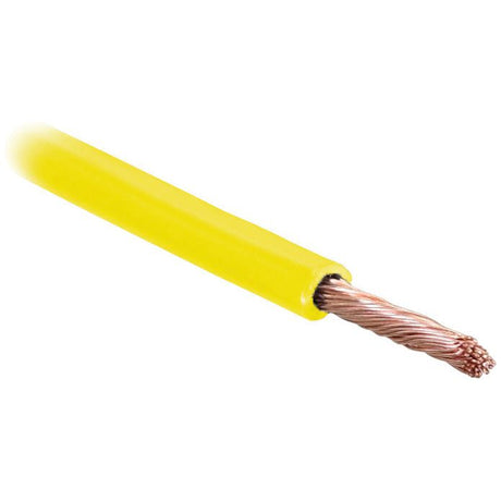 A close-up image of a yellow Sparex Electrical Cable - 1 Core, 1.5mm² Cable (Sparex Part No. S.5964) with its copper strands exposed at one end.