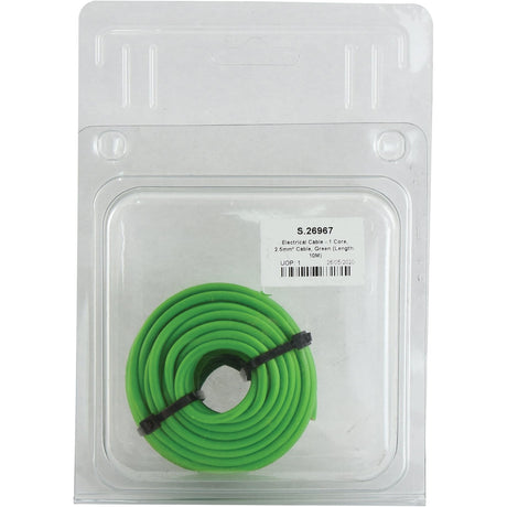 A coiled light green electrical cable, 1-core, 2.5mm², 10m length, displayed in clear plastic packaging with a white label, is referred to as the "Electrical Cable - 1 Core, 2.5mm² Cable, Light Green (Length: 10M), (Agripak)" and is identified by Sparex Part No.S.26967 from the brand Sparex.