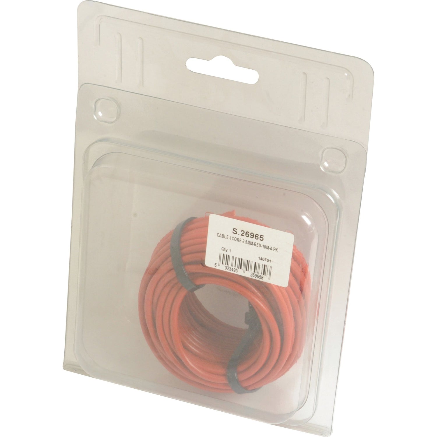 A Sparex Agripak containing a red, 2.5mm² electrical cable (length: 10M) is packaged in a clear plastic clamshell packaging with a white label and a hanging tab at the top. It is identified as Sparex Part No.S.26965.