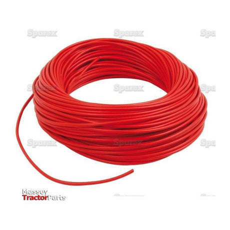 A coiled bundle of Sparex Electrical Cable - 1 Core, 2.5mm², Red (Length: 50M) with one loose end is displayed against a white background with faint "Spares" text in the background. The image also features the "Massey Tractor Parts" logo.