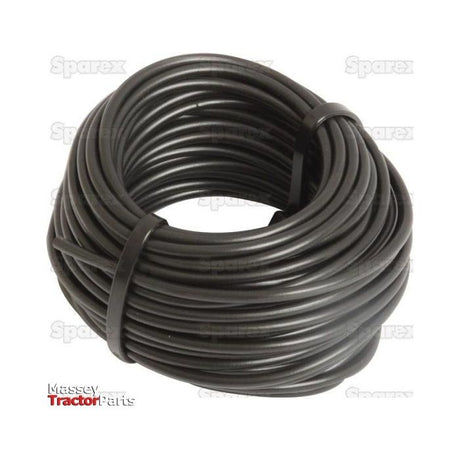 A 10-meter roll of Sparex Electrical Cable, featuring a single 1.5mm² black core, is neatly coiled and secured with two ties. It is placed on a plain white background with faint watermarks and a small logo in the bottom left corner. This product is listed under Sparex Part No.S.25966 and comes in an Agripak package.