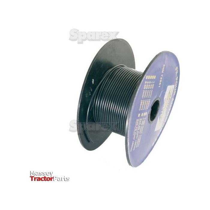 A spool of black 2.5mm² electrical cable, 50 meters in length, is wound on a blue plastic reel and labeled with Sparex Part No. S.51932. The label includes product specifications and the brand name Sparex, along with the words Massey Tractor Parts visible in the corner.