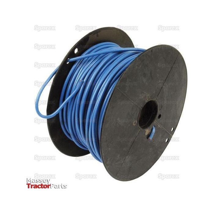 A large plastic spool holding a coil of blue electrical cable, labeled "Sparex" and marked with "Sparex Part No.S.5969". The 50-meter length, 1.5mm² single-core cable is designed for durability and efficiency.