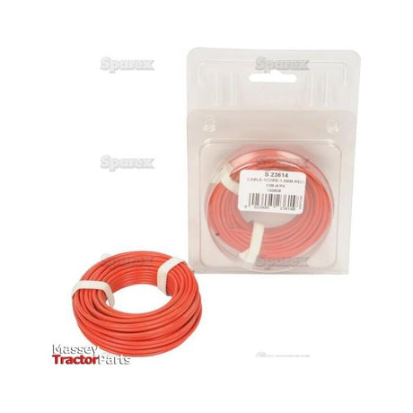 Image depicting two coils of red, 1.5mm² electrical cable, one encased in a clear plastic package while the other is outside. The package displays a label with text and barcodes. The cable, specifically the Electrical Cable - 1 Core, 1.5mm² Cable, Red (Length: 10M), (Agripak) | Sparex Part No.S.23614 from the brand Sparex, is neatly coiled and secured with white ties.
