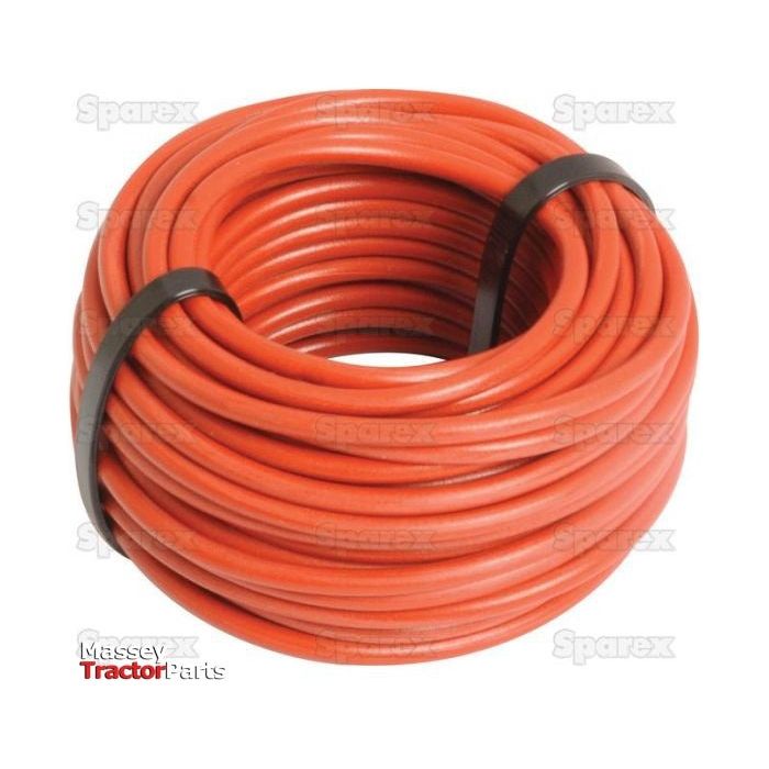 A coiled red rubber hose secured with two black straps, labeled with the Massey Tractor Parts logo, sits next to a neatly wound 10-meter length of the Sparex Electrical Cable - 1 Core, 2.5mm² (Agripak) | Sparex Part No.S.26965.