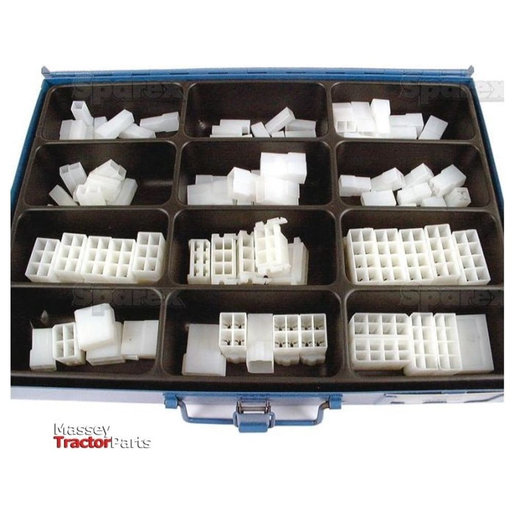 A blue organizer box containing twelve compartments, each filled with assorted white plastic electrical connectors and connector housings of various shapes and sizes. The Sparex logo, branding the Electrical Connector Housings Metalpak (105 pieces) | Sparex Part No.S.56786, is visible in the bottom left corner, alongside a discreet Massey Tractor Parts emblem.
