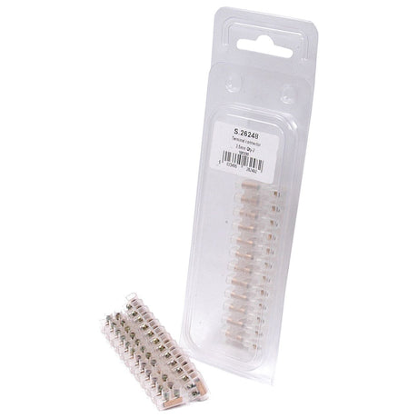 A packaged strip of 2.5mm² electrical connector blocks, labeled as the Electrical Connector Strip 2.5mm² (Agripak 2 pcs.) with Sparex Part No.S.26248, sits next to a matching empty blister pack with a barcode and product details label from the brand Sparex.