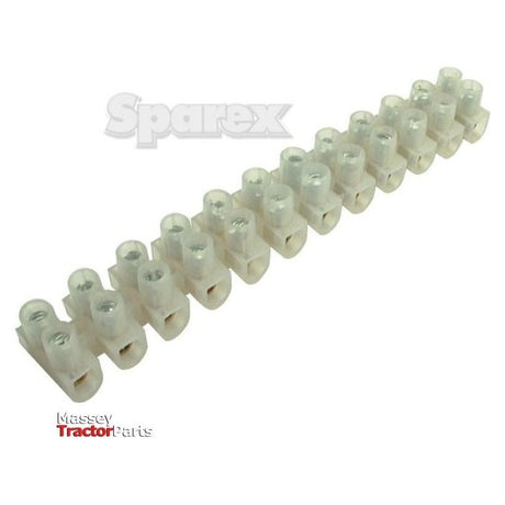 A diagonal row of transparent plastic electrical terminal blocks with multiple screw connections. The image includes text that reads "Sparex" and "Massey Tractor Parts." This Electrical Connector Strip, named Electrical Connector Strip 6mm² | Sparex Part No.S.51249, features 12 connectors and supports up to 6mm² wires.