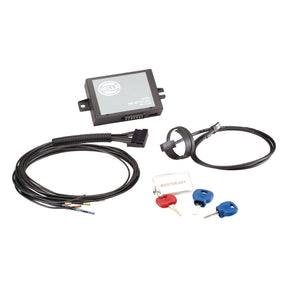 The Electronic Immobiliser - S.153114 from Sparex includes essential vehicle security system components such as a control module, wiring harnesses, three electronic keys (red, blue, and blue and red), and a sensor or connector. It features contact-free transponder technology as part of the vehicle immobilizer for enhanced protection.