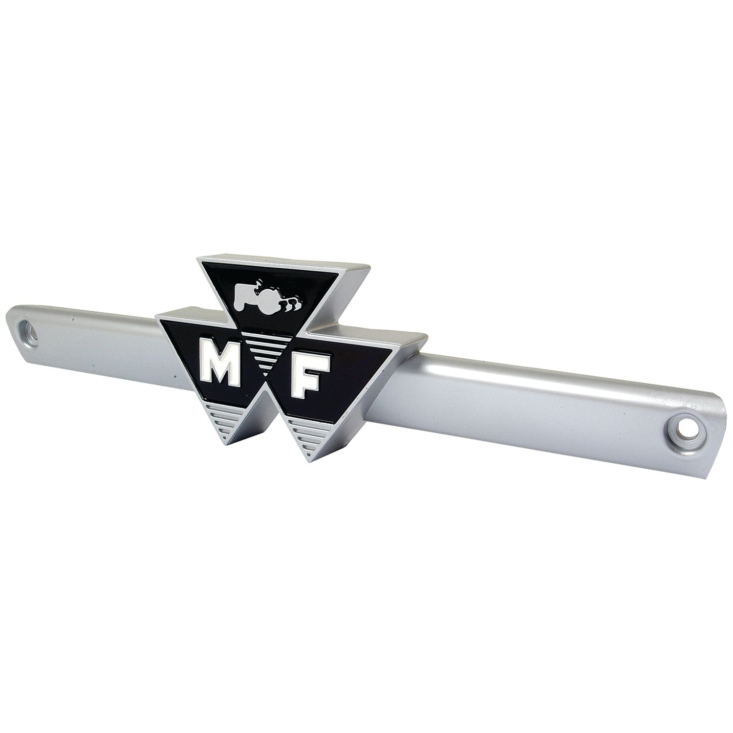 The Sparex Emblem for Massey Ferguson (Part No. S.42062) showcases a stylish metal design featuring two black and silver triangular shapes with the letters "M" and "F," as well as a tractor silhouette at the top, all mounted on a horizontal support bar with holes at both ends—perfect for displaying your Massey Ferguson pride.