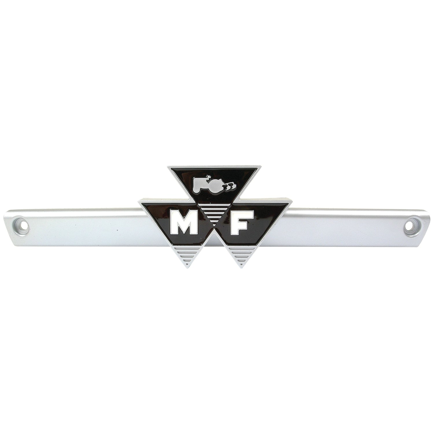 The Emblem for Massey Ferguson (Sparex Part No.S.42062) by Sparex features silver and black triangle designs with a small tractor icon at the top, all attached to a horizontal silver support bar with holes on each end.