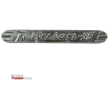 The Sparex Emblem for Ferguson 35 (Sparex Part No.S.43764) features "Ferguson 35" in cursive script on a white background, complemented by the "Massey Tractor Parts" logo in the bottom corner and highlighted with a chrome finish.