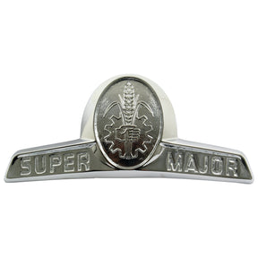 Sparex Emblem for Fordson Super Major (Part No. S.67278) features a chrome front badge with "SUPER MAJOR" text and a central emblem that includes a gear, wheat stalk, and "F" symbol, evoking the classic Fordson Super Major design.