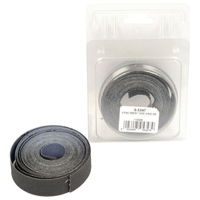 Two rolls of Sparex Emery Cloth Roll P180, Very Fine - S.5347; one is outside and the other inside transparent plastic packaging. The packaging features a white label with text and a barcode. These Emery Cloth Rolls, made with aluminium oxide grain, are ideal for sanding and polishing surfaces with precision.