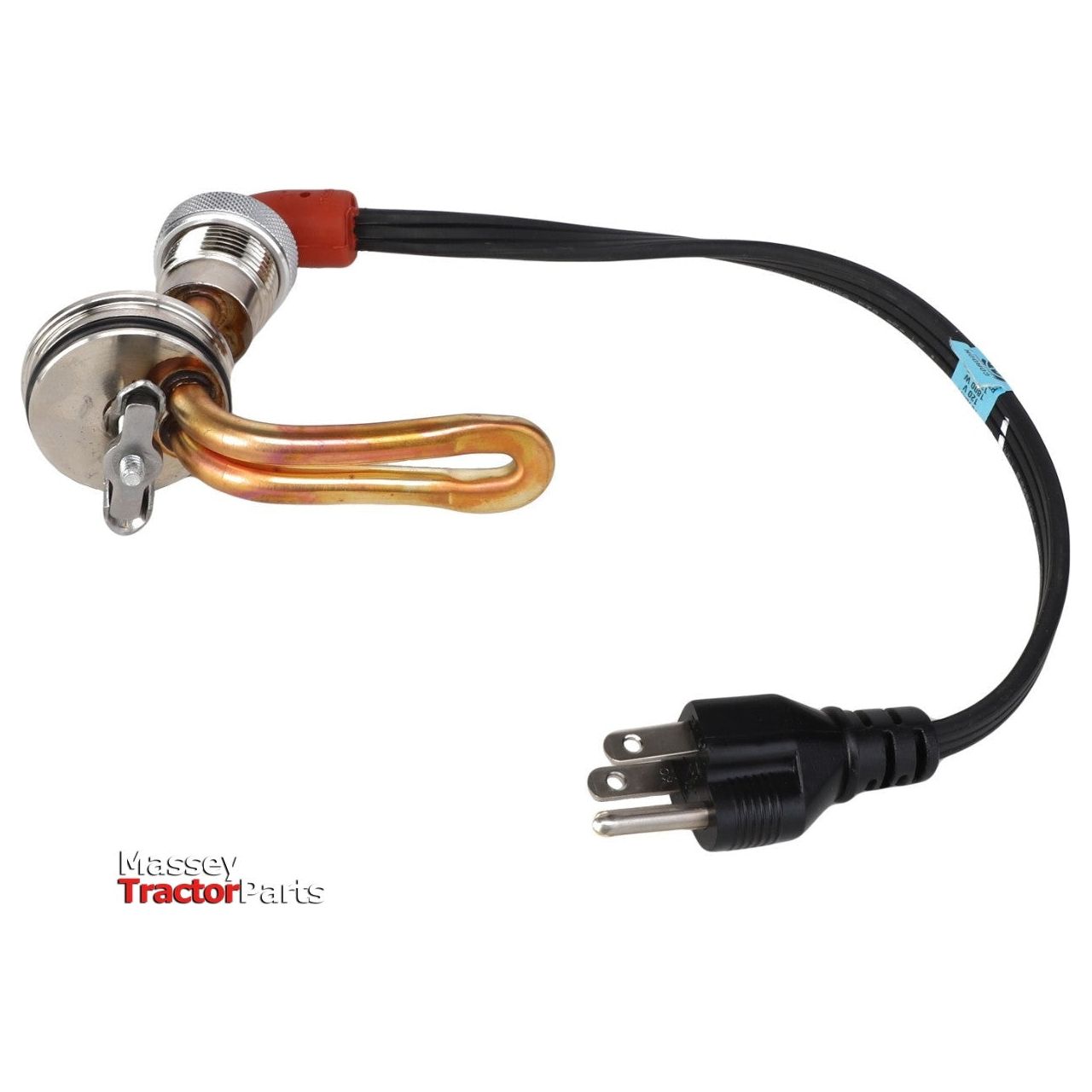 A metal heating element with an attached power cord and plug, branded "AGCO," is compatible with Massey Ferguson Models and known as the Massey Ferguson - Engine Block Heater - V836840934.
