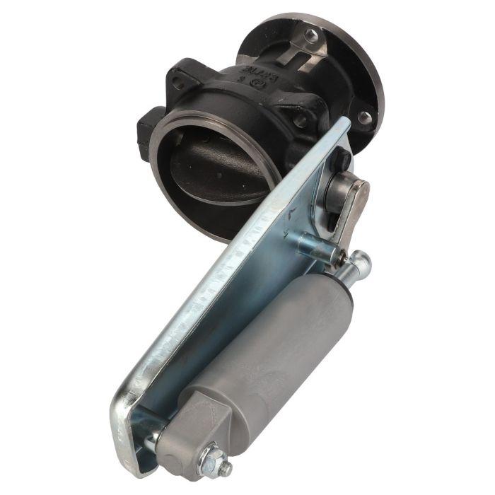 The Fendt - Engine Brake - G931202170010 by AGCO, which is found in Fendt models, features a metal bracket and cylindrical roller attached to a circular black housing. This assembly appears to function as a hinge or pivot mechanism.