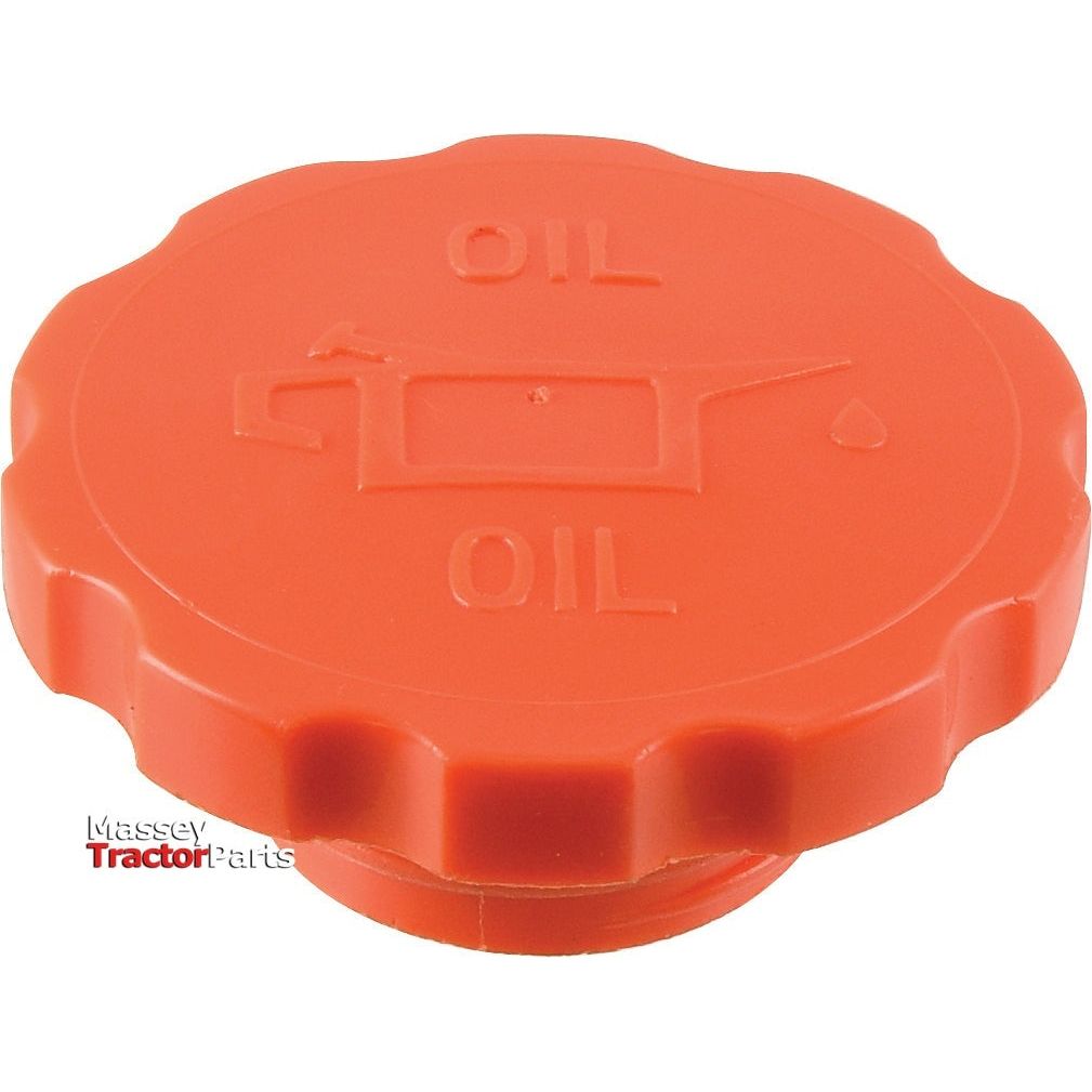 The Sparex Engine Oil Cap (Part No. S.57568) is red with the word "OIL" and a small oil can symbol embossed on top. It features grooved edges and is designed for Massey tractor, Case IH, or David Brown models.