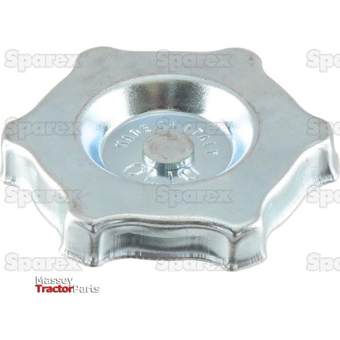 Close-up of a silver metal engine oil cap with a star-shaped perimeter and the inscription "MADE IN GREAT BRITAIN" on a slightly recessed center. The background features logos from "Massey Tractor Parts" and "Sparex," evoking images of classic Allis Chalmers parts. The cap is identified as the Engine Oil Cap, Sparex Part No.S.62134 by the brand Sparex.