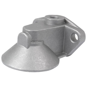 The Engine Oil Filter Head, Sparex Part No.S.40532 by Sparex, is a silver metallic mechanical component featuring a conical base, a protruding tab, and multiple mounting holes designed to integrate seamlessly with an oil filter.