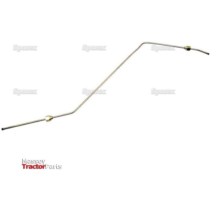 A thin metal rod with angled bends, featuring connectors at both ends and a small clamp in the middle, against a white background. The bottom left corner shows the words "Massey Tractor Parts." This Engine Oil Pressure Pipe (Sparex Part No.S.42133) from Sparex is compatible with Massey Ferguson models using the Perkins A3.152 engine.