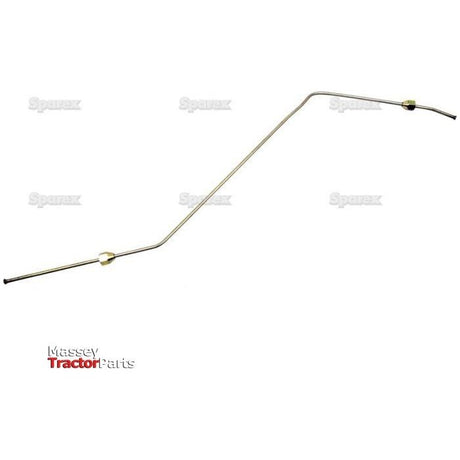 A thin metal rod with angled bends, featuring connectors at both ends and a small clamp in the middle, against a white background. The bottom left corner shows the words "Massey Tractor Parts." This Engine Oil Pressure Pipe (Sparex Part No.S.42133) from Sparex is compatible with Massey Ferguson models using the Perkins A3.152 engine.